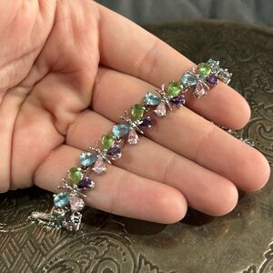 Pastel Multi-Gemstone Sterling Silver Butterfly Bracelet. Petite Size